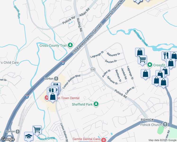 map of restaurants, bars, coffee shops, grocery stores, and more near 7657 Henry Knox Drive in Lorton