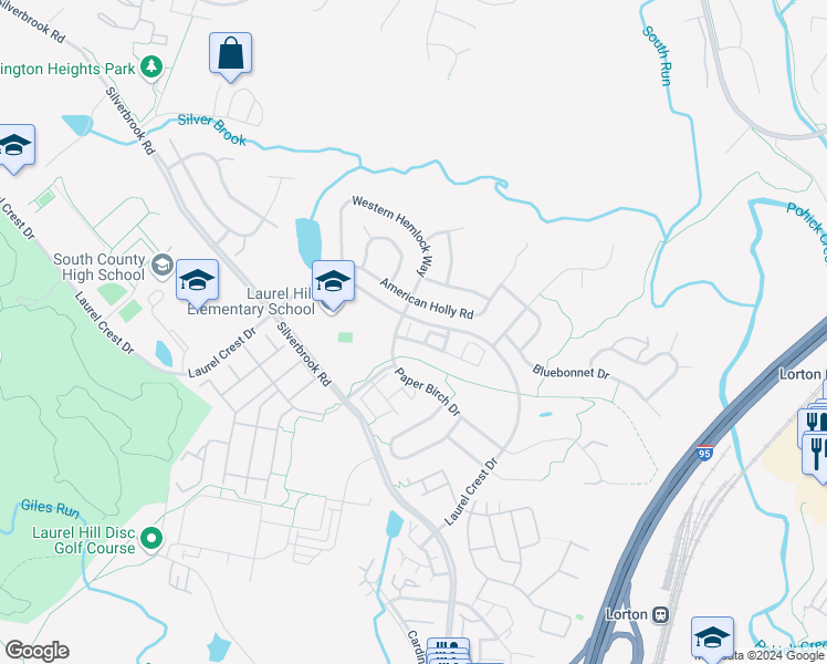 map of restaurants, bars, coffee shops, grocery stores, and more near 8866 Hibiscus Court in Lorton