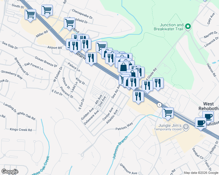 map of restaurants, bars, coffee shops, grocery stores, and more near 36507 Palm Drive in Rehoboth Beach