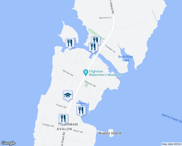 map of restaurants, bars, coffee shops, grocery stores, and more near 21512 Coopertown Rd in Tilghman