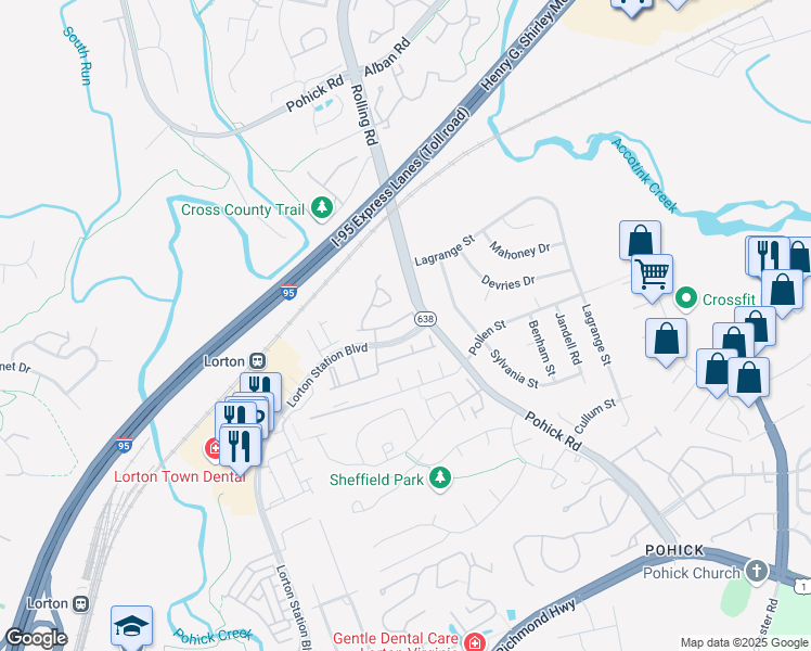 map of restaurants, bars, coffee shops, grocery stores, and more near 7657 Henry Knox Drive in Lorton