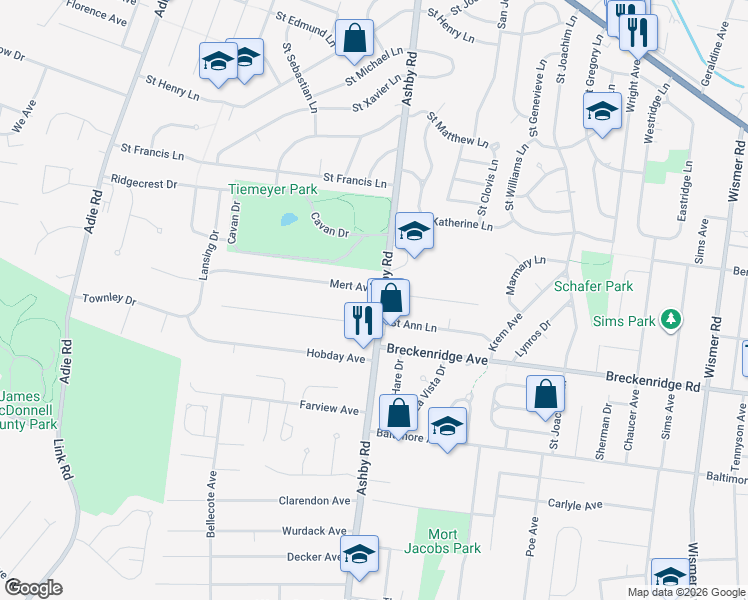 map of restaurants, bars, coffee shops, grocery stores, and more near 3201 Ashby Road in Saint Ann
