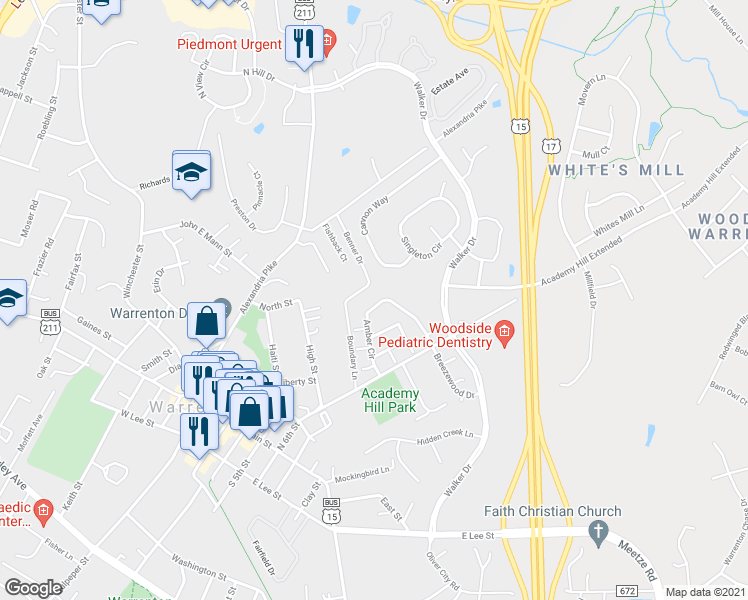 map of restaurants, bars, coffee shops, grocery stores, and more near 248 Amber Circle in Warrenton