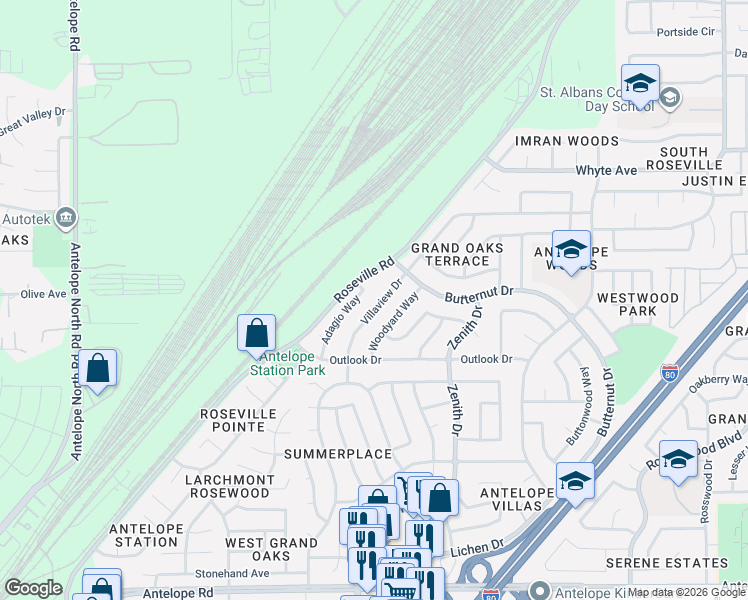 map of restaurants, bars, coffee shops, grocery stores, and more near 8249 Woodyard Way in Citrus Heights