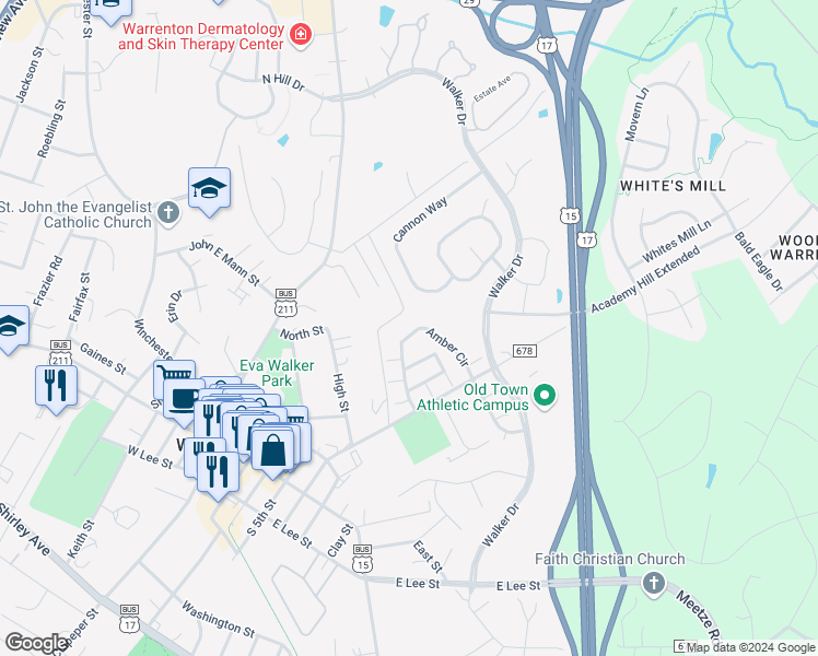map of restaurants, bars, coffee shops, grocery stores, and more near 248 Amber Circle in Warrenton