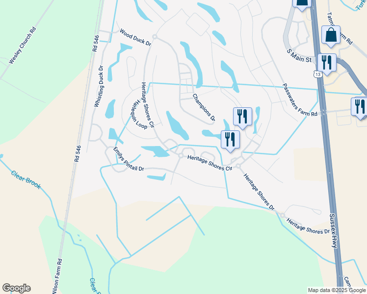 map of restaurants, bars, coffee shops, grocery stores, and more near 34 White Pelican Court in Bridgeville