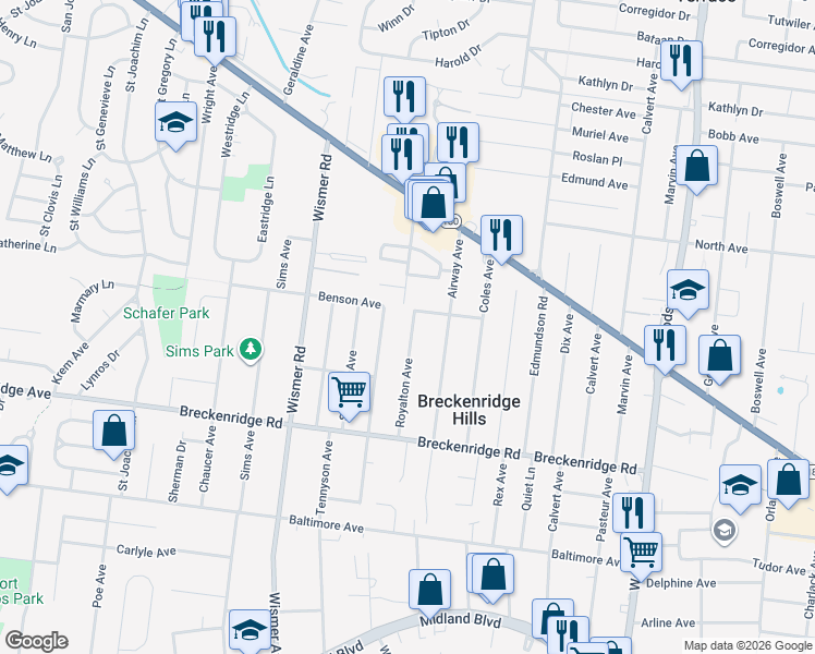 map of restaurants, bars, coffee shops, grocery stores, and more near 3317 Royalton Avenue in Breckenridge Hills