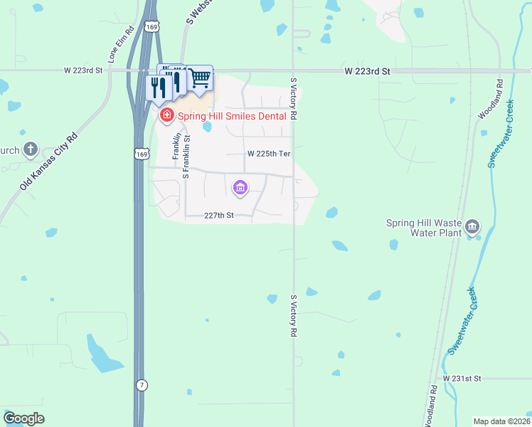 map of restaurants, bars, coffee shops, grocery stores, and more near West 227th Street in Spring Hill