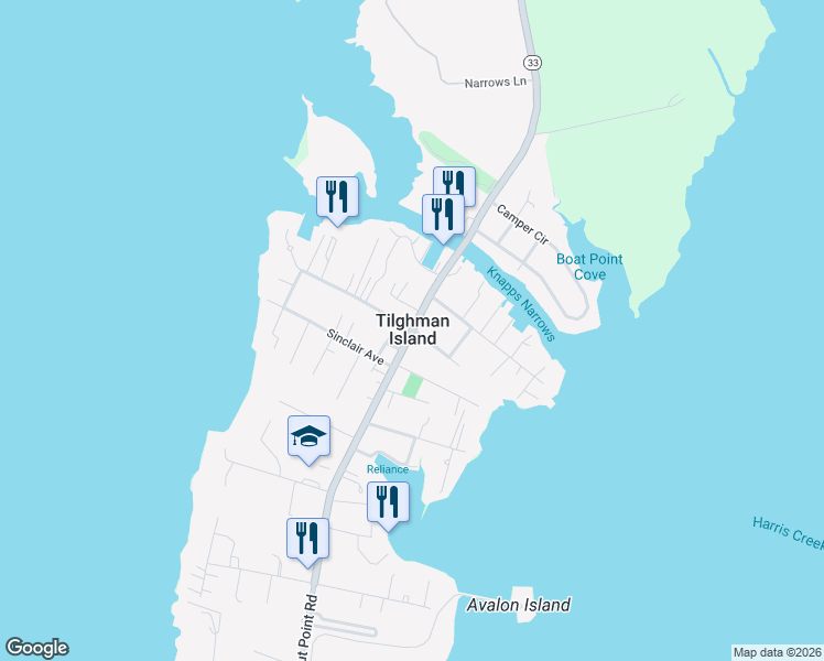 map of restaurants, bars, coffee shops, grocery stores, and more near in Tilghman Island