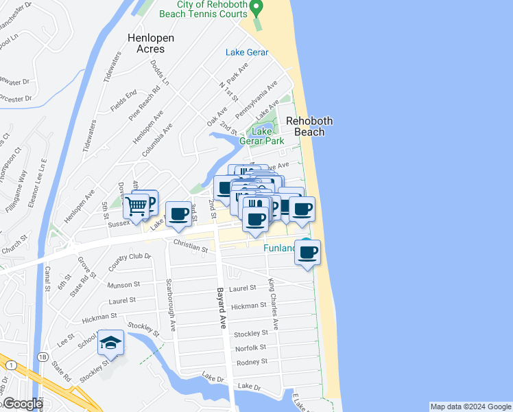 map of restaurants, bars, coffee shops, grocery stores, and more near 115 Rehoboth Avenue in Rehoboth Beach