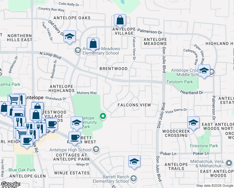 map of restaurants, bars, coffee shops, grocery stores, and more near 8131 Early Morning Way in Antelope
