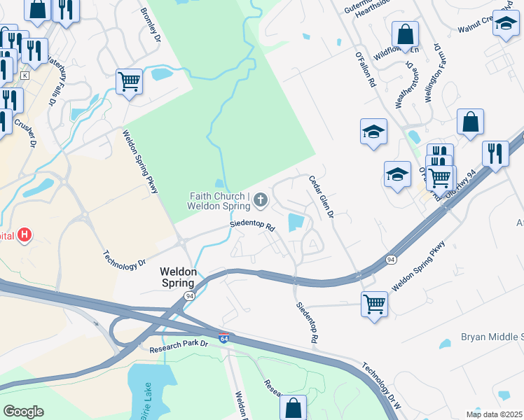 map of restaurants, bars, coffee shops, grocery stores, and more near 300 Siedentop Road in Weldon Spring