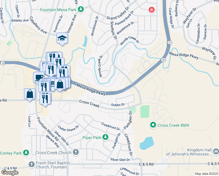 map of restaurants, bars, coffee shops, grocery stores, and more near 7984 Pinfeather Drive in Fountain