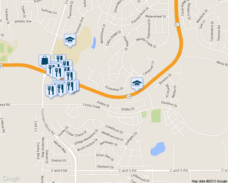 map of restaurants, bars, coffee shops, grocery stores, and more near 7944 Pinfeather Drive in Fountain