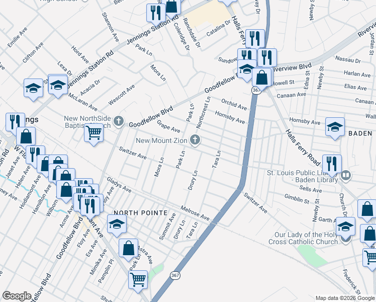 map of restaurants, bars, coffee shops, grocery stores, and more near 8629 Drury Lane in St. Louis