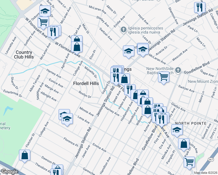 map of restaurants, bars, coffee shops, grocery stores, and more near 5745 Jennings Station Road in St. Louis