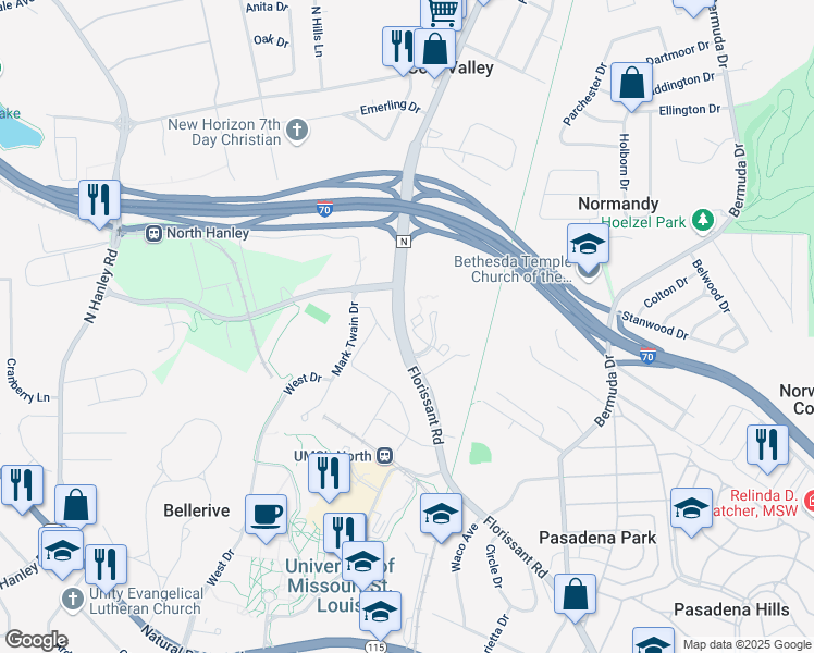 map of restaurants, bars, coffee shops, grocery stores, and more near 8224 Florissant Road in St. Louis