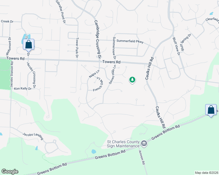 map of restaurants, bars, coffee shops, grocery stores, and more near 3841 Chablis Court in Saint Charles