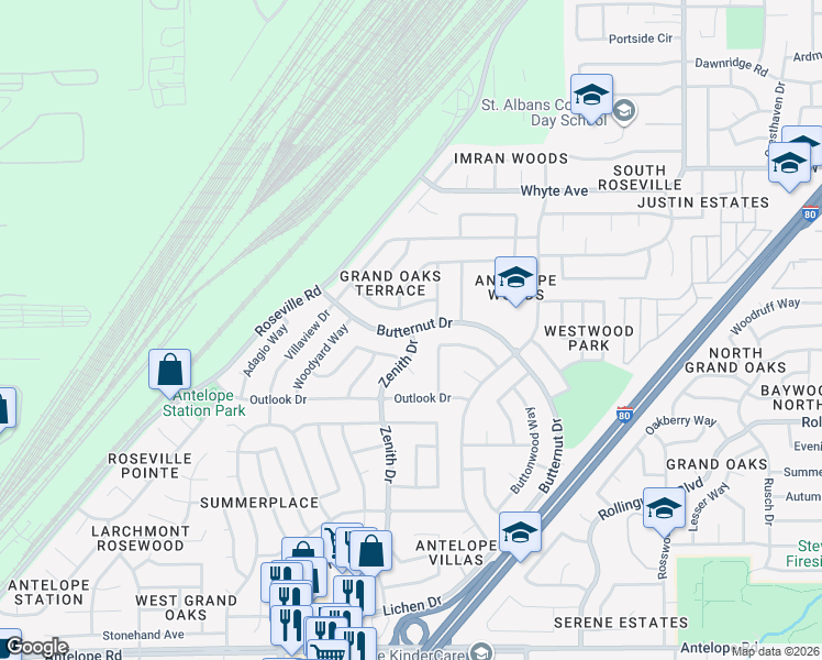 map of restaurants, bars, coffee shops, grocery stores, and more near Butternut Dr & Zenith Dr in Citrus Heights