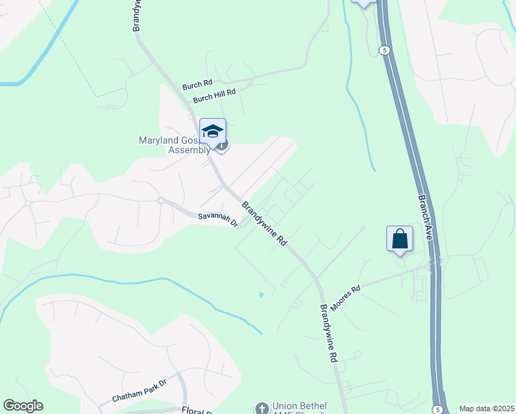 map of restaurants, bars, coffee shops, grocery stores, and more near 7025 Savannah Pkwy in Brandywine