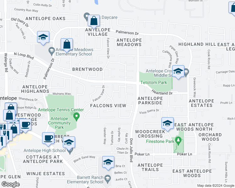 map of restaurants, bars, coffee shops, grocery stores, and more near 8100 Ackerson Way in Antelope
