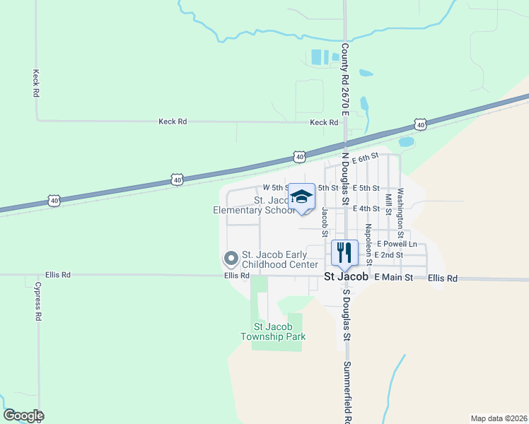 map of restaurants, bars, coffee shops, grocery stores, and more near 224 Olyvia Street in Saint Jacob