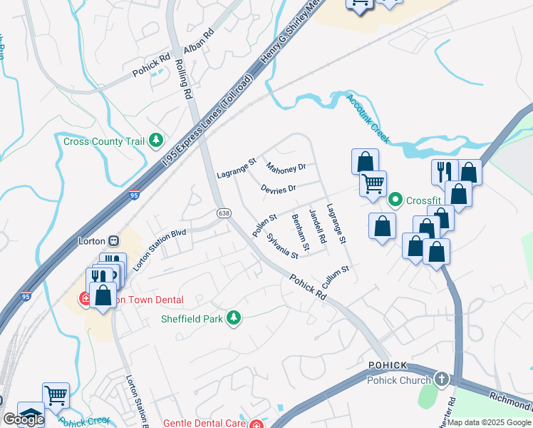 map of restaurants, bars, coffee shops, grocery stores, and more near 7608 Pollen Street in Lorton
