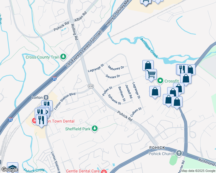 map of restaurants, bars, coffee shops, grocery stores, and more near 7608 Pollen Street in Lorton