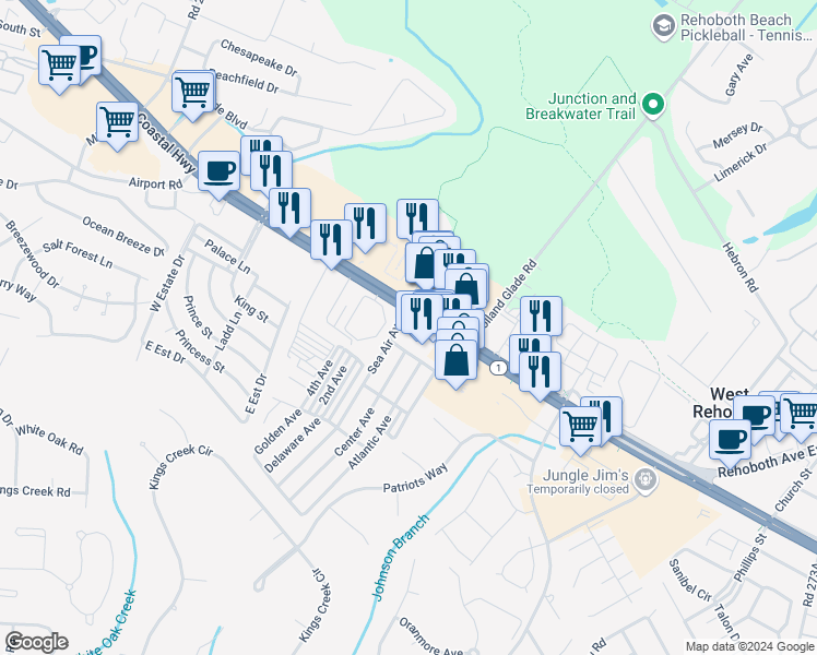 map of restaurants, bars, coffee shops, grocery stores, and more near 19745 Sea Air Avenue in Rehoboth Beach