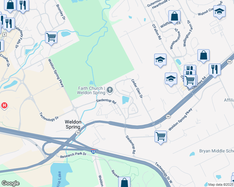 map of restaurants, bars, coffee shops, grocery stores, and more near 300 Siedentop Road in Weldon Spring