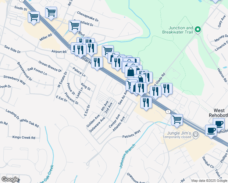 map of restaurants, bars, coffee shops, grocery stores, and more near 36507 Palm Drive in Rehoboth Beach