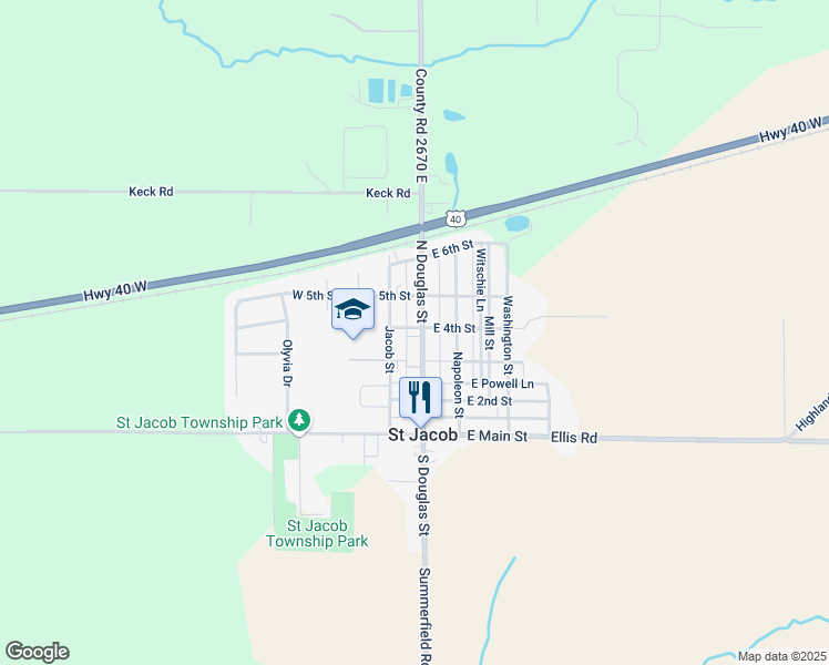 map of restaurants, bars, coffee shops, grocery stores, and more near 301 North Douglas Street in Saint Jacob