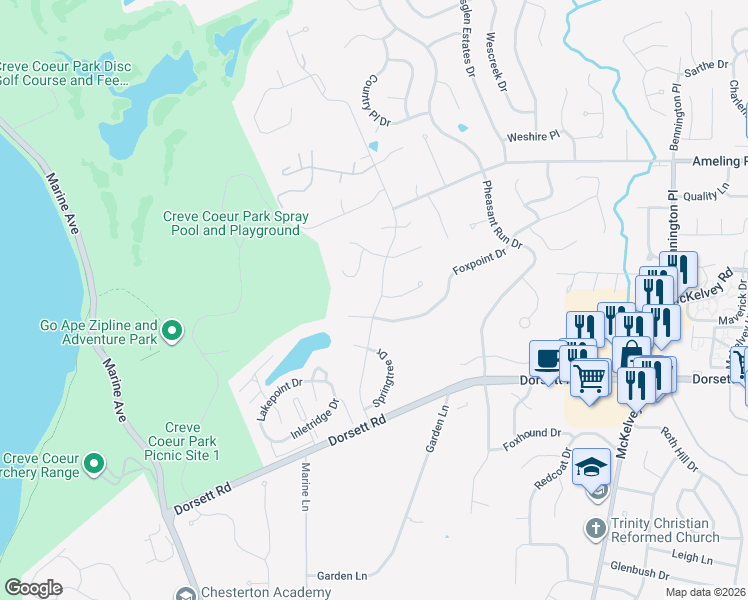 map of restaurants, bars, coffee shops, grocery stores, and more near 12266 Foxpoint Drive in Maryland Heights
