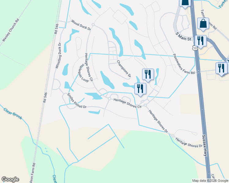 map of restaurants, bars, coffee shops, grocery stores, and more near 25 White Pelican Court in Bridgeville