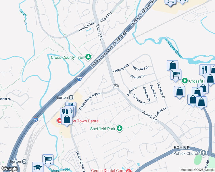 map of restaurants, bars, coffee shops, grocery stores, and more near 7658 Henry Knox Drive in Lorton