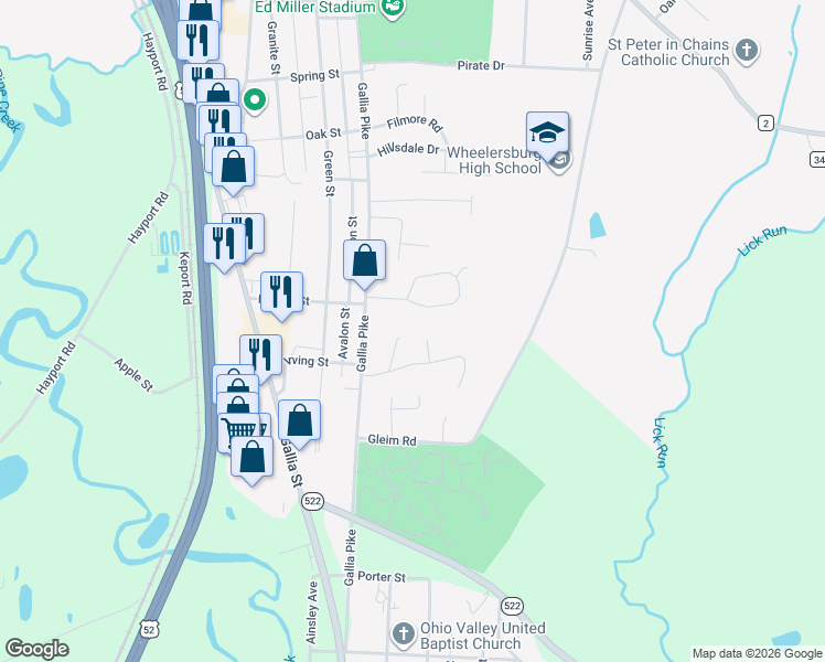 map of restaurants, bars, coffee shops, grocery stores, and more near 125 Shady Brook Lane in Wheelersburg