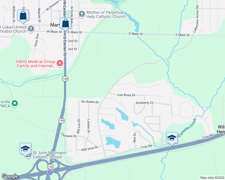 map of restaurants, bars, coffee shops, grocery stores, and more near 121 Lou Rosa Drive in Collinsville