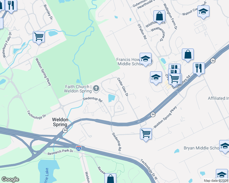 map of restaurants, bars, coffee shops, grocery stores, and more near 704 Hemingway Lane in Weldon Spring
