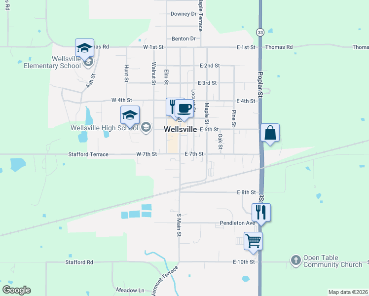 map of restaurants, bars, coffee shops, grocery stores, and more near 704 Main Street in Wellsville