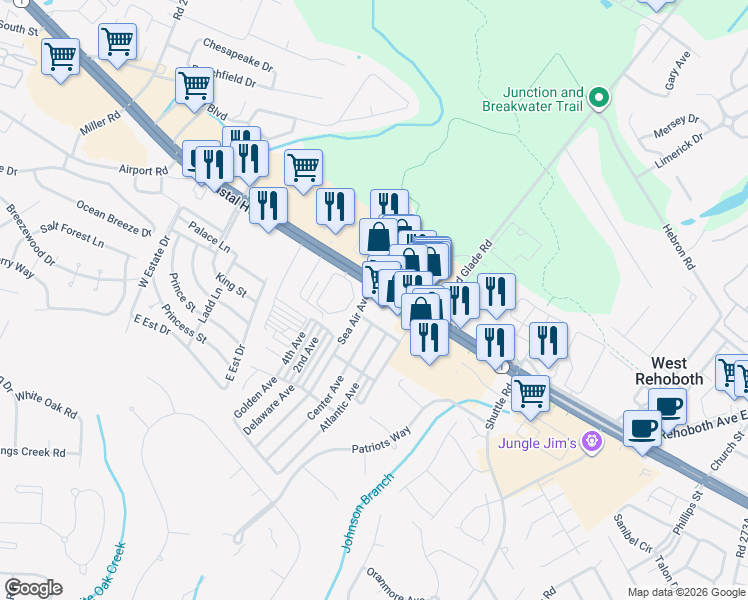 map of restaurants, bars, coffee shops, grocery stores, and more near 19745 Sea Air Avenue in Rehoboth Beach