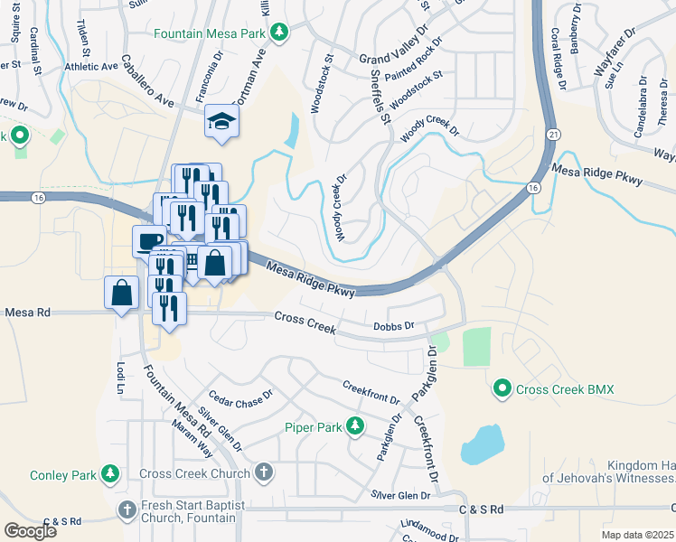 map of restaurants, bars, coffee shops, grocery stores, and more near 7914 Pinfeather Drive in Fountain