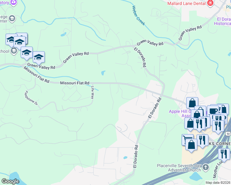 map of restaurants, bars, coffee shops, grocery stores, and more near 3582 Missouri Flat Road in Placerville