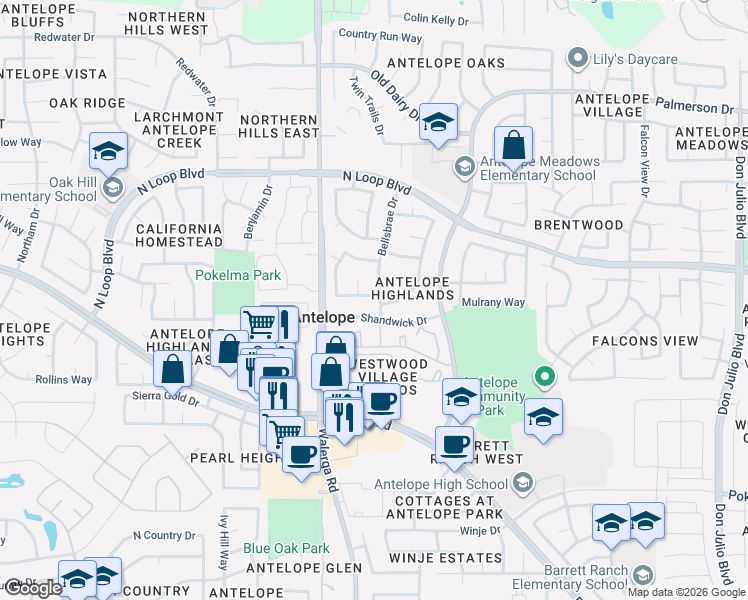 map of restaurants, bars, coffee shops, grocery stores, and more near 8113 Bellsbrae Drive in Antelope
