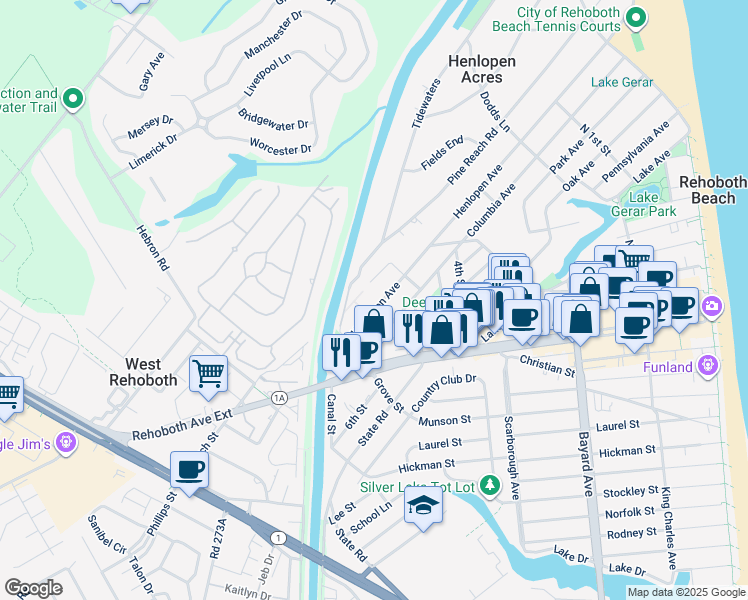 map of restaurants, bars, coffee shops, grocery stores, and more near 161 Henlopen Avenue in Rehoboth Beach