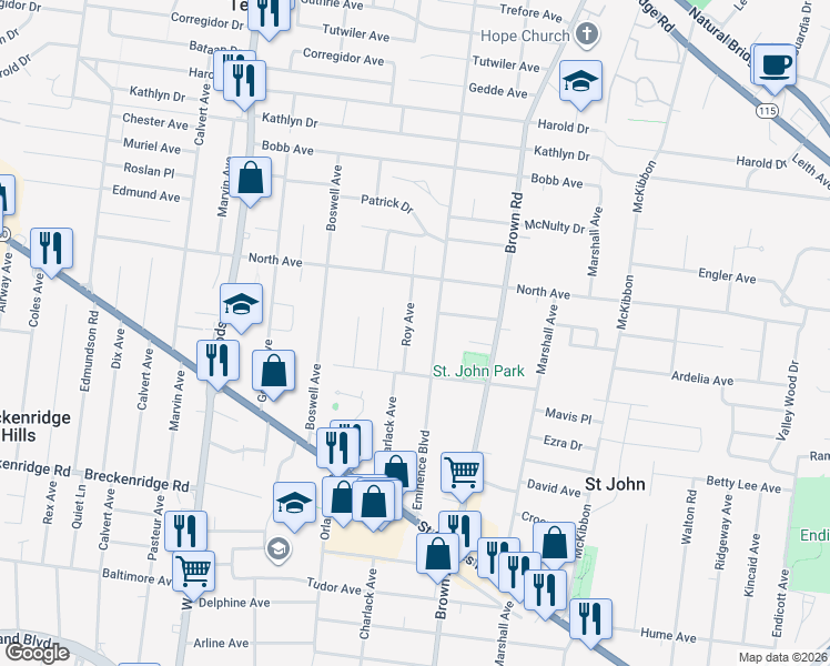 map of restaurants, bars, coffee shops, grocery stores, and more near 3559 Roy Avenue in St. Louis