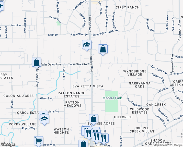 map of restaurants, bars, coffee shops, grocery stores, and more near 8317 Sunrise Boulevard in Citrus Heights