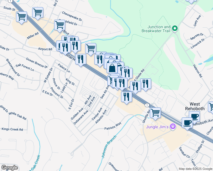 map of restaurants, bars, coffee shops, grocery stores, and more near 36525 Palm Drive in Rehoboth Beach