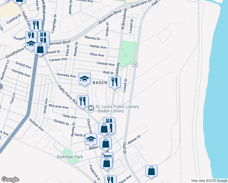 map of restaurants, bars, coffee shops, grocery stores, and more near 8533 North Broadway in St. Louis