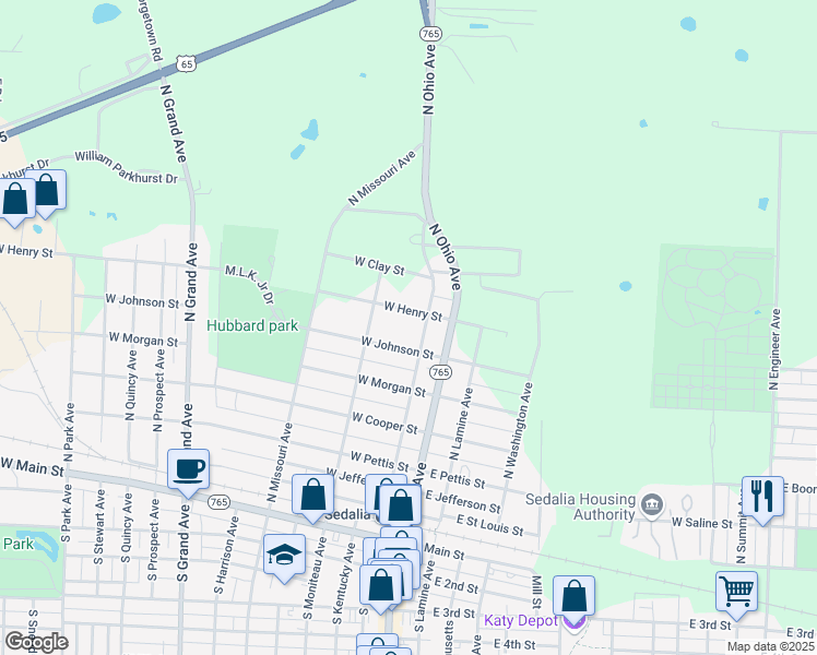 map of restaurants, bars, coffee shops, grocery stores, and more near 306 West Henry Street in Sedalia
