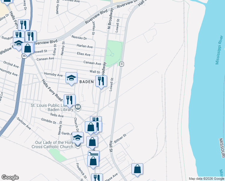 map of restaurants, bars, coffee shops, grocery stores, and more near 701 Doddridge Street in St. Louis